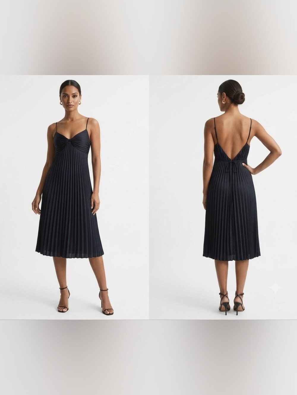 Vintage 1990's Black Pleated Satin Midi Dress Spaghetti Straps Linea Donatella L